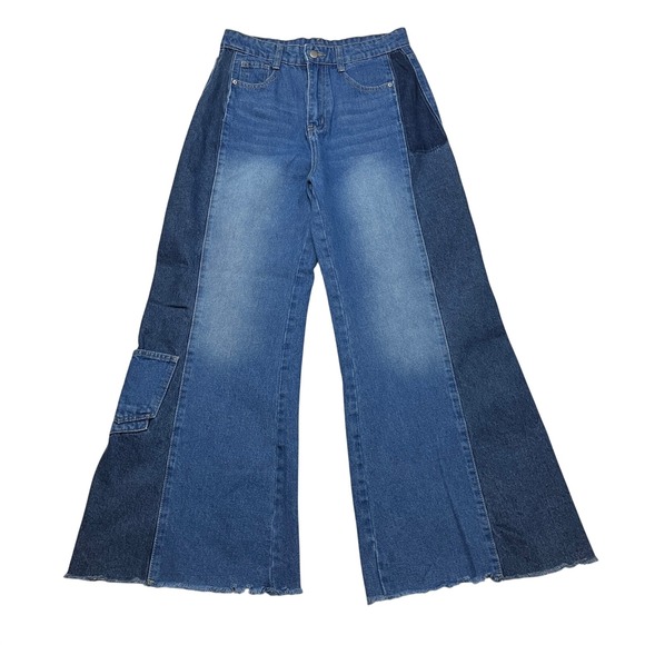 Dazy Denim - Dazy Jeans Women L Blue Patchwork Wide Leg Raw Hem High Waist Two Tone 5263